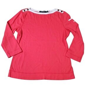 Lauren Ralph Lauren Top Button Shoulder Red Boatneck Pocket Size‎ SMALL